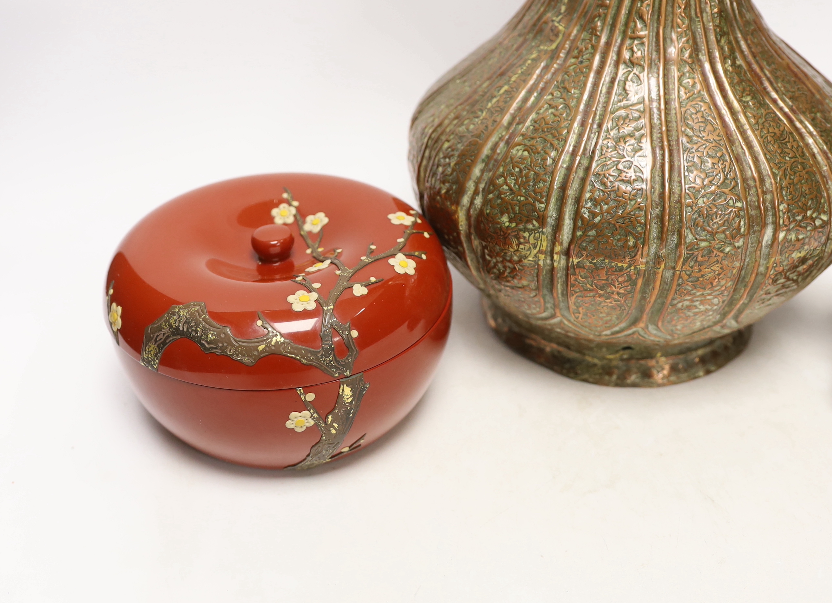 A Persian copper converted lamp, Chinese dog of Fo and a box and cover, tallest 34cm